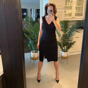 Black V-Neck Sleeveless Dress with Navy Lace Detailing, Judith and Charles, US 2